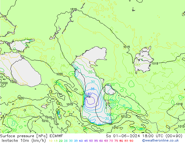 Isotachen (km/h) ECMWF Sa 01.06.2024 18 UTC