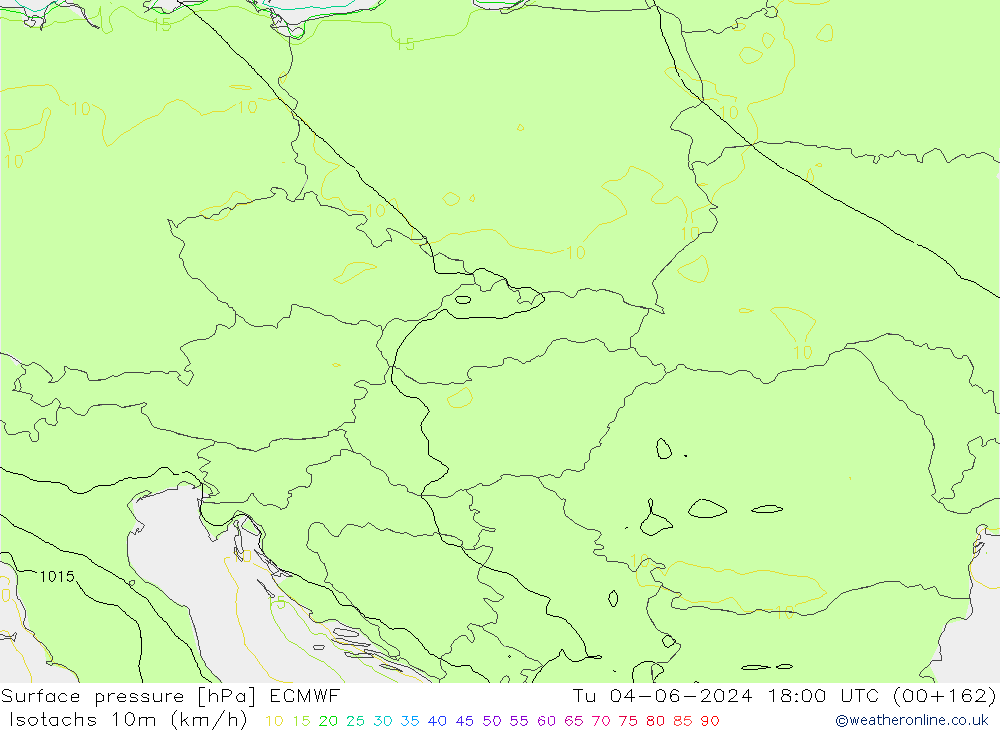 Isotachen (km/h) ECMWF Di 04.06.2024 18 UTC