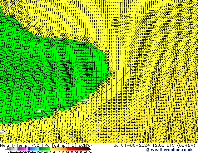 Géop./Temp. 700 hPa ECMWF sam 01.06.2024 12 UTC