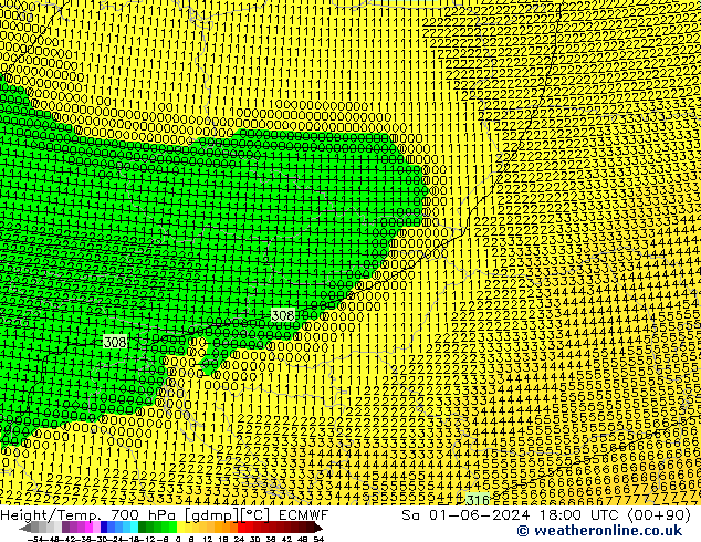 Height/Temp. 700 hPa ECMWF so. 01.06.2024 18 UTC