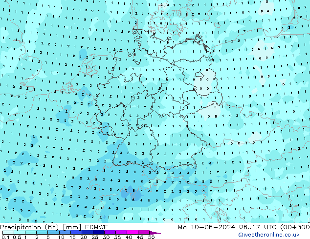 Precipitation (6h) ECMWF Po 10.06.2024 12 UTC