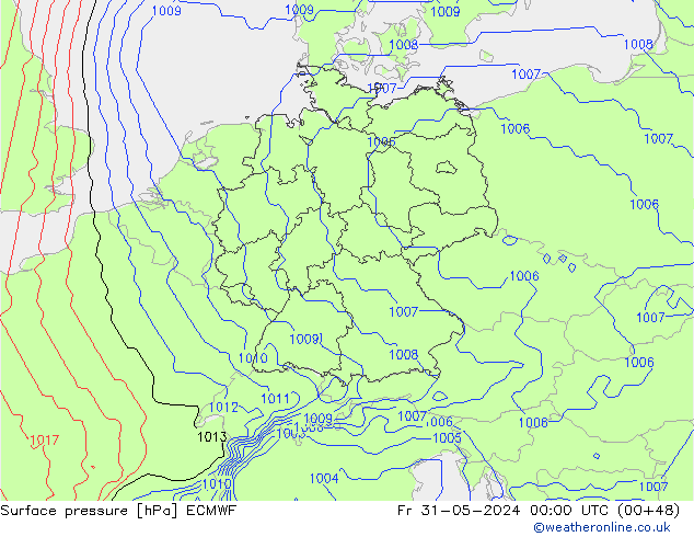 Presión superficial ECMWF vie 31.05.2024 00 UTC