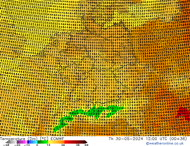 Temperatuurkaart (2m) ECMWF do 30.05.2024 12 UTC