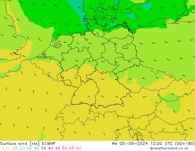 wiatr 10 m ECMWF śro. 05.06.2024 12 UTC