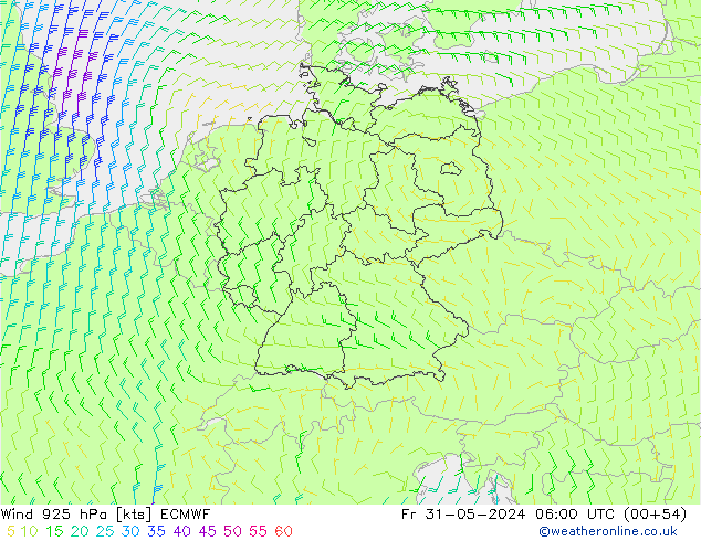 wiatr 925 hPa ECMWF pt. 31.05.2024 06 UTC