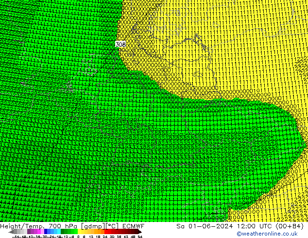 Height/Temp. 700 hPa ECMWF Sa 01.06.2024 12 UTC