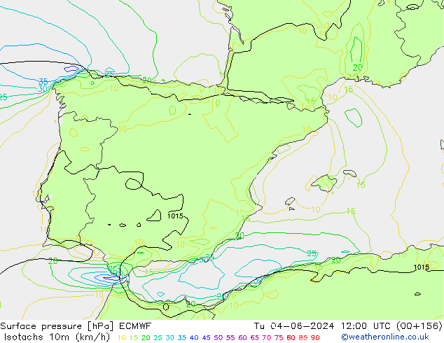 Izotacha (km/godz) ECMWF wto. 04.06.2024 12 UTC