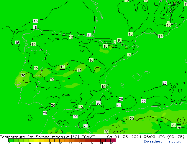 Temperaturkarte Spread ECMWF Sa 01.06.2024 06 UTC