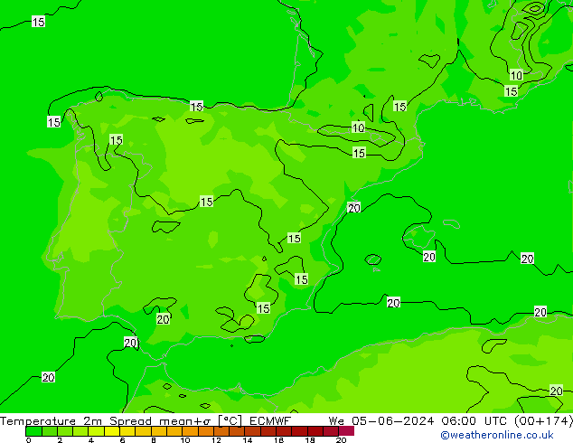 Temperatuurkaart Spread ECMWF wo 05.06.2024 06 UTC