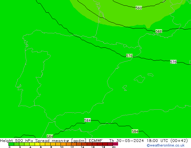 Height 500 hPa Spread ECMWF czw. 30.05.2024 18 UTC