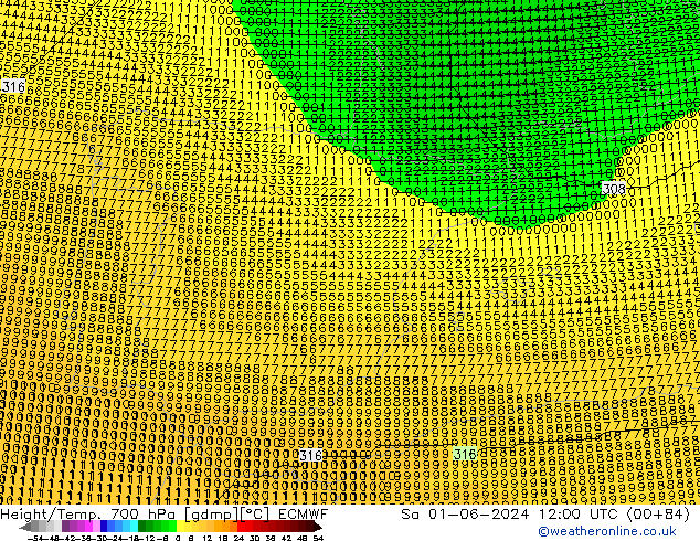 Hoogte/Temp. 700 hPa ECMWF za 01.06.2024 12 UTC