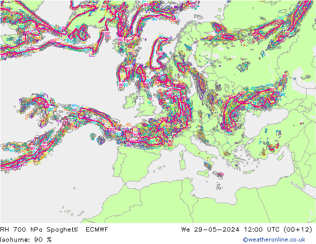 RH 700 hPa Spaghetti ECMWF We 29.05.2024 12 UTC