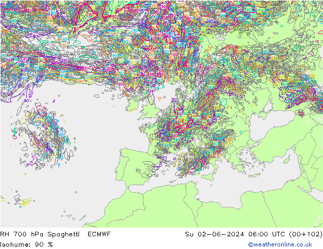 RH 700 hPa Spaghetti ECMWF dom 02.06.2024 06 UTC