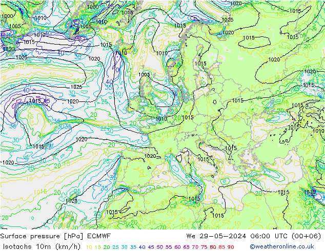 10米等风速线 (kph) ECMWF 星期三 29.05.2024 06 UTC