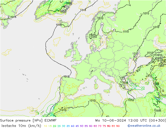 Isotachs (kph) ECMWF Mo 10.06.2024 12 UTC