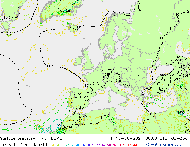 Isotachs (kph) ECMWF Th 13.06.2024 00 UTC