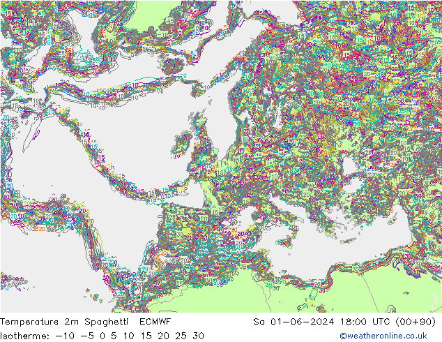 Temperature 2m Spaghetti ECMWF Sa 01.06.2024 18 UTC