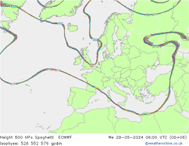 Hoogte 500 hPa Spaghetti ECMWF wo 29.05.2024 06 UTC