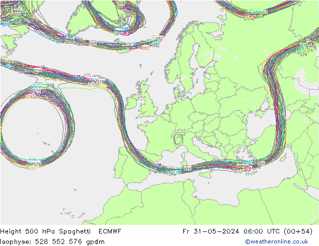 Hoogte 500 hPa Spaghetti ECMWF vr 31.05.2024 06 UTC