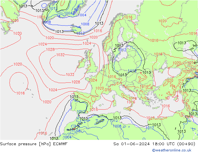 Presión superficial ECMWF sáb 01.06.2024 18 UTC