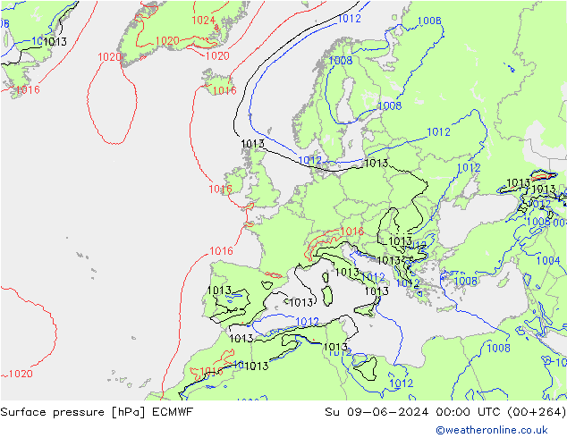 Presión superficial ECMWF dom 09.06.2024 00 UTC