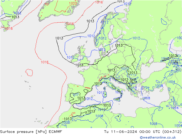 Surface pressure ECMWF Tu 11.06.2024 00 UTC