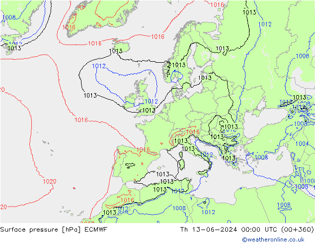 Surface pressure ECMWF Th 13.06.2024 00 UTC