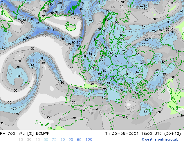 RH 700 hPa ECMWF Qui 30.05.2024 18 UTC