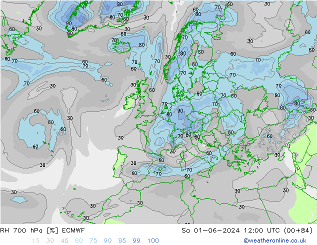 RH 700 hPa ECMWF Sa 01.06.2024 12 UTC