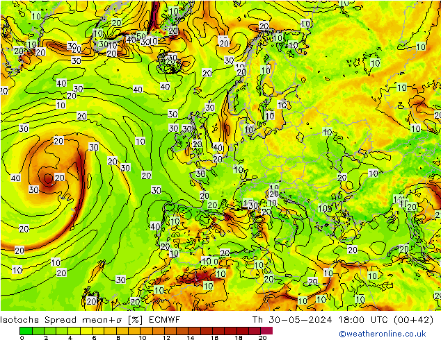 Isotachs Spread ECMWF Th 30.05.2024 18 UTC