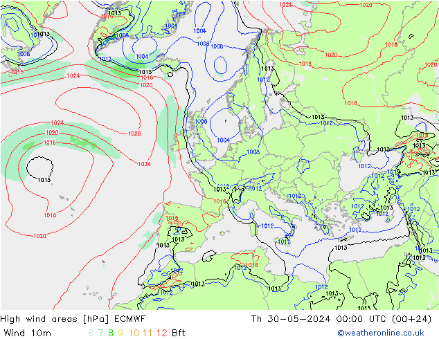 High wind areas ECMWF чт 30.05.2024 00 UTC