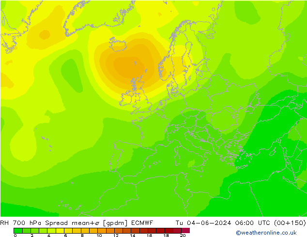 700 hPa Nispi Nem Spread ECMWF Sa 04.06.2024 06 UTC