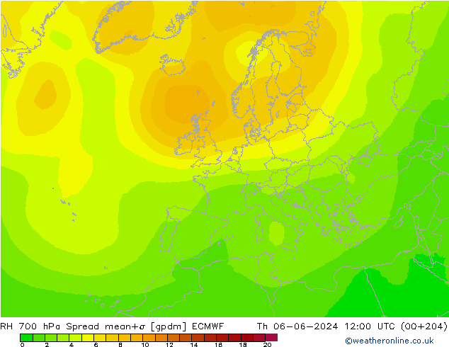 RH 700 hPa Spread ECMWF gio 06.06.2024 12 UTC