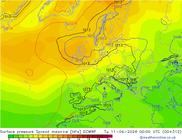 Surface pressure Spread ECMWF Tu 11.06.2024 00 UTC