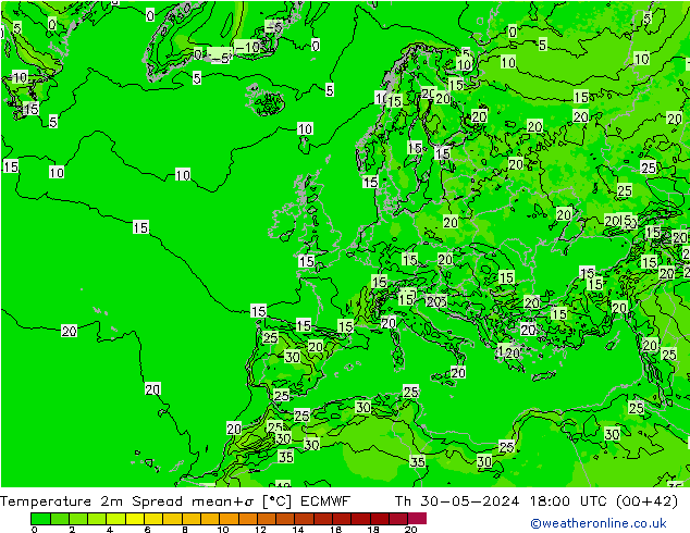 Temperatura 2m Spread ECMWF jue 30.05.2024 18 UTC