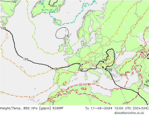 Height/Temp. 850 hPa ECMWF Di 11.06.2024 12 UTC