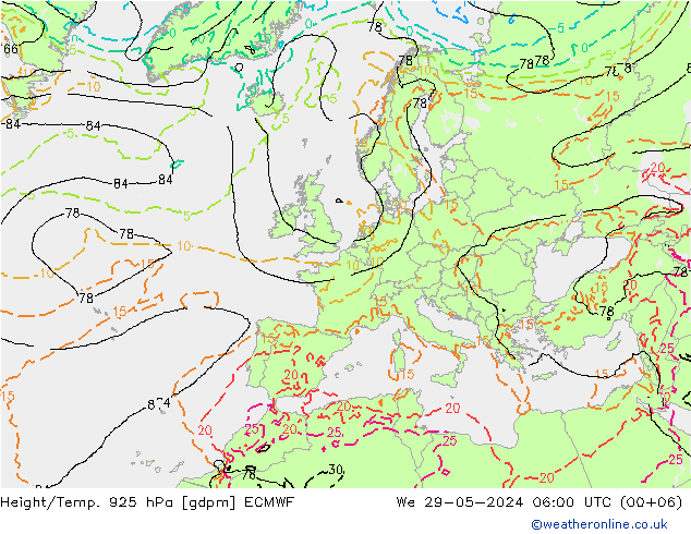 Hoogte/Temp. 925 hPa ECMWF wo 29.05.2024 06 UTC