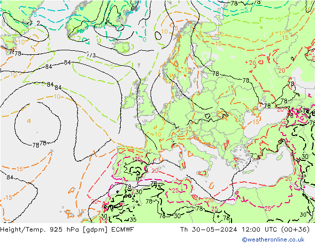 Yükseklik/Sıc. 925 hPa ECMWF Per 30.05.2024 12 UTC
