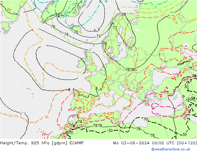 Height/Temp. 925 hPa ECMWF Mo 03.06.2024 00 UTC