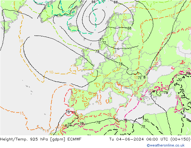 Géop./Temp. 925 hPa ECMWF mar 04.06.2024 06 UTC