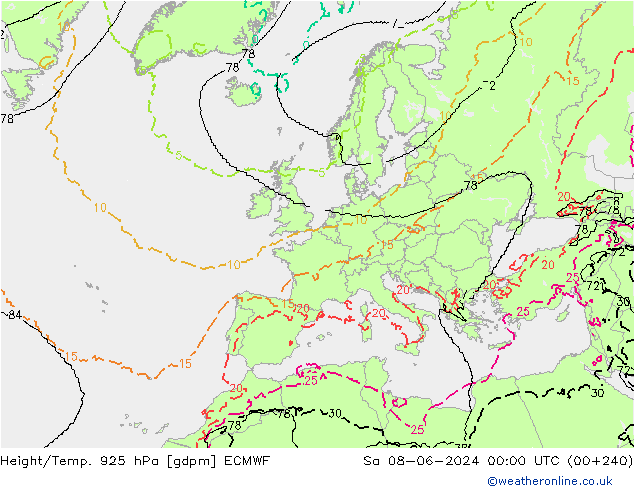 Height/Temp. 925 гПа ECMWF сб 08.06.2024 00 UTC