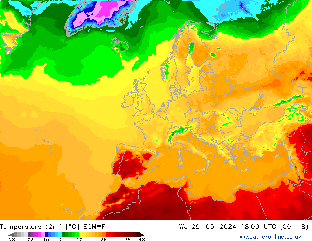 Temperatura (2m) ECMWF mer 29.05.2024 18 UTC