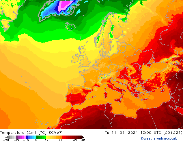 mapa temperatury (2m) ECMWF wto. 11.06.2024 12 UTC