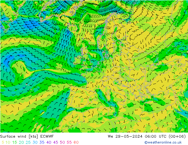 ветер 10 m ECMWF ср 29.05.2024 06 UTC