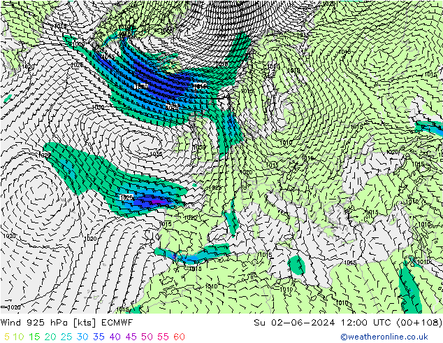 Wind 925 hPa ECMWF Su 02.06.2024 12 UTC