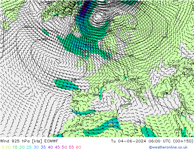 wiatr 925 hPa ECMWF wto. 04.06.2024 06 UTC