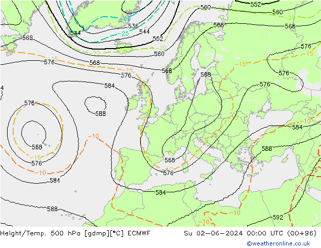 Hoogte/Temp. 500 hPa ECMWF zo 02.06.2024 00 UTC