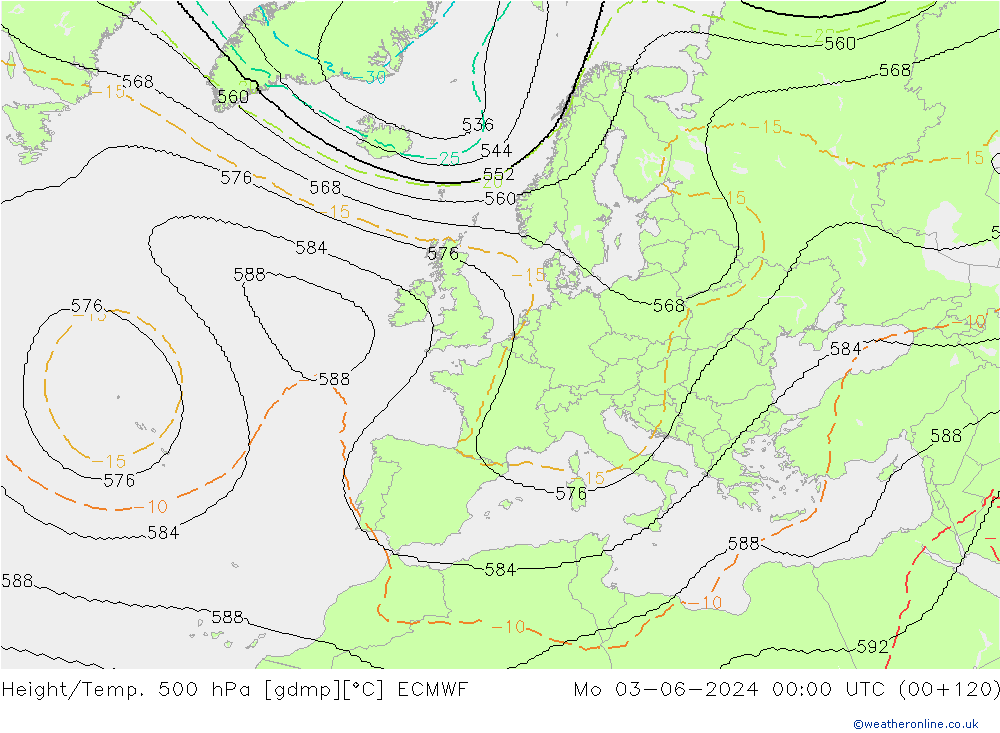 Height/Temp. 500 hPa ECMWF Mo 03.06.2024 00 UTC