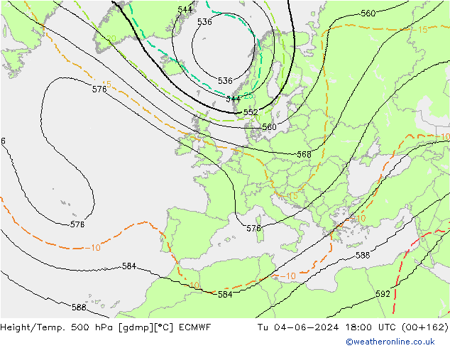 Height/Temp. 500 hPa ECMWF Tu 04.06.2024 18 UTC