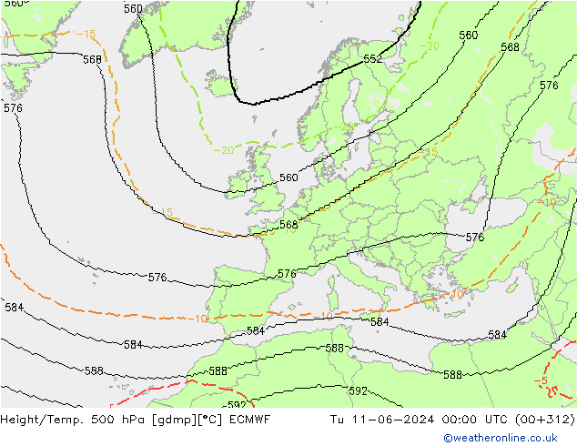 Height/Temp. 500 hPa ECMWF Di 11.06.2024 00 UTC